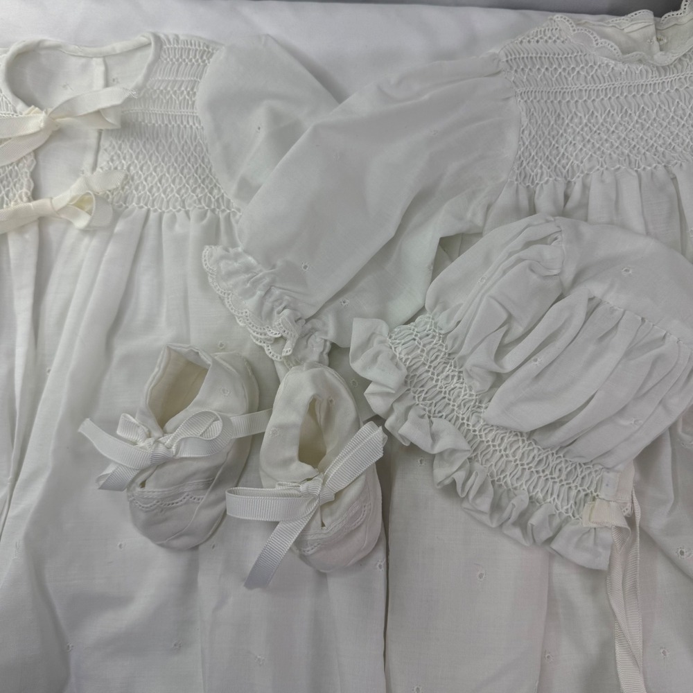 Vintage White Smocked Christening Gown Set Bonnet Booties Blanket Eyelet Lace